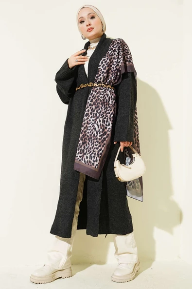 Şal Yaka Uzun Triko Hırka Füme - Resim 2