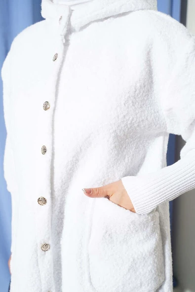 Kol Ribanalı Kapüşonlu Buklet Kap Ekru - Resim 4