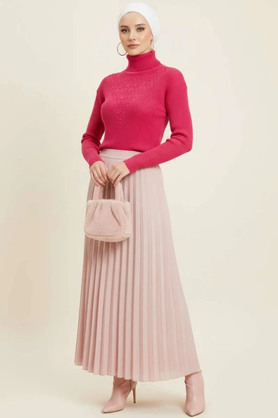 V Puantiye Kabartma Triko Kazak Pembe - Resim 2