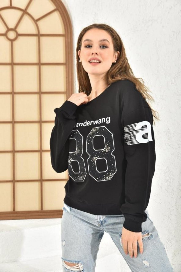 Bisiklet Yaka Baskı ve Taşlı Rakam Figürlü Siyah Kadın Sweatshirt - 2
