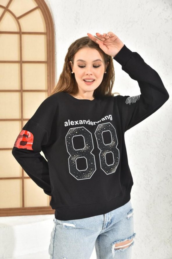 Bisiklet Yaka Baskı ve Taşlı Rakam Figürlü Siyah Kadın Sweatshirt - 3