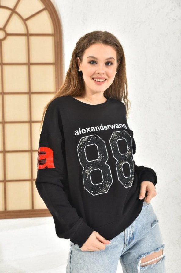 Bisiklet Yaka Baskı ve Taşlı Rakam Figürlü Siyah Kadın Sweatshirt - 4