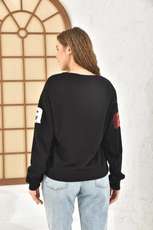Bisiklet Yaka Baskı ve Taşlı Rakam Figürlü Siyah Kadın Sweatshirt - 5