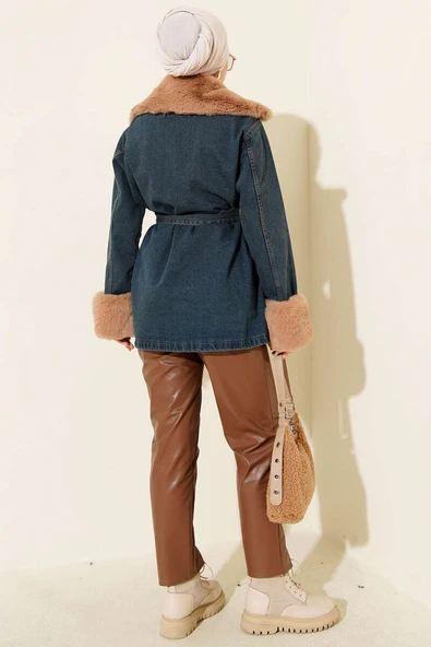 Yaka Bilek Kürklü Kot Ceket Kot - Resim 3