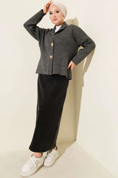 Çift Gold Düğmeli Kısa Triko Hırka Füme - Resim 2