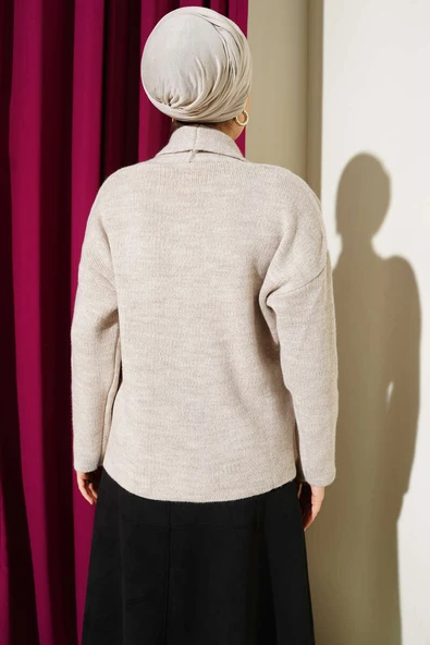 Çift Gold Düğmeli Kısa Triko Hırka Taş - Resim 3