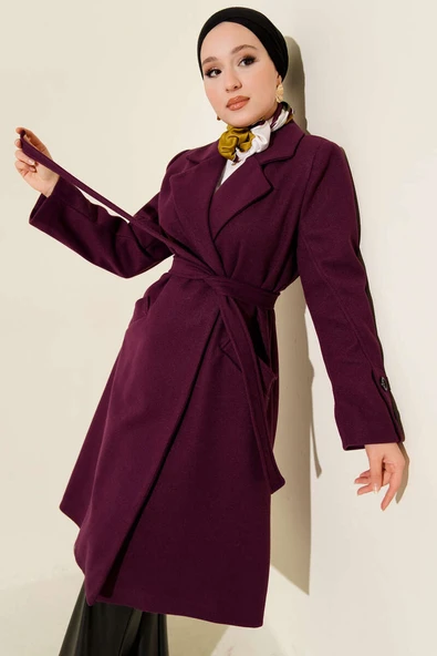 Kol Düğmeli Kuşaklı Kaşe Kaban Mor ürün görseli 1