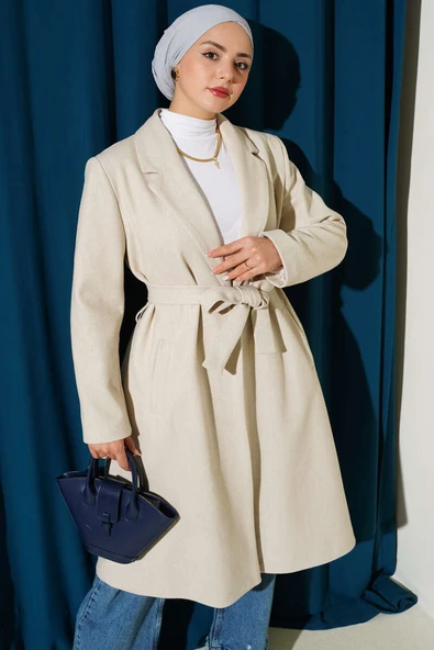 Kruvaze Yaka Cepli Kaşe Kaban Taş - Resim 2