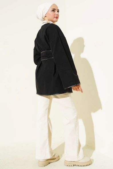 Deri Biyeli Cepli Ceket Siyah - Resim 3