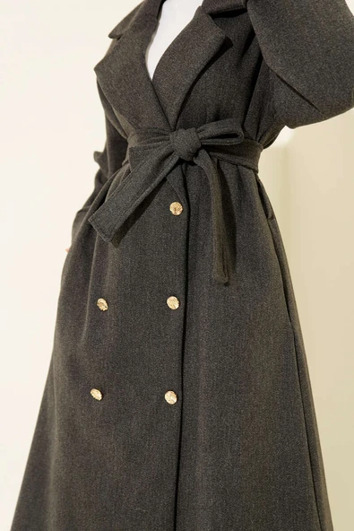 Gold Düğmeli Kruvaze Kaşe Kaban Antrasit - Resim 4