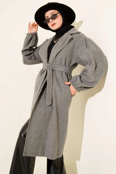 Kruvaze Yaka Balon Kol Kuşaklı Kaban Füme ürün görseli 1