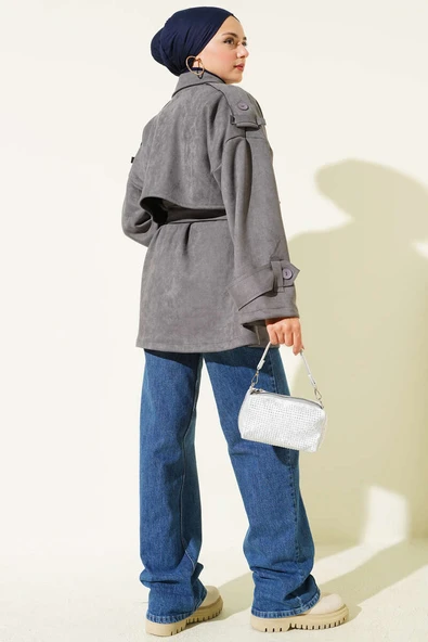 Süet Pelerinli Kuşaklı Trençkot Füme - Resim 3