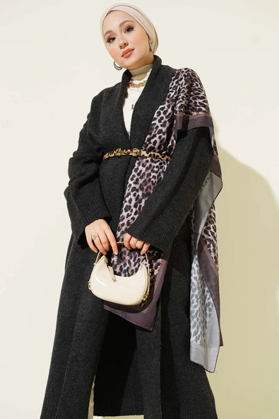 Şal Yaka Uzun Triko Hırka Füme ürün görseli 1