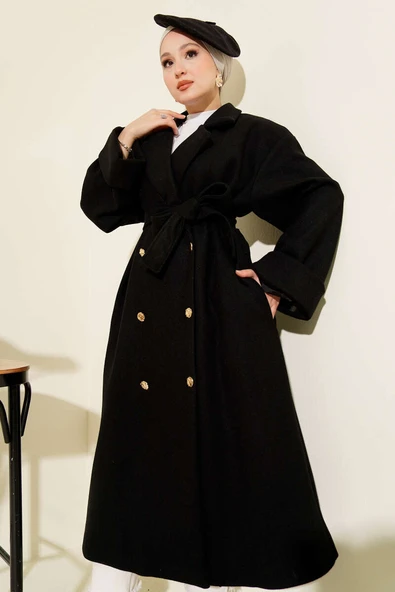 Gold Düğmeli Kruvaze Kaşe Kaban Siyah - Resim 2