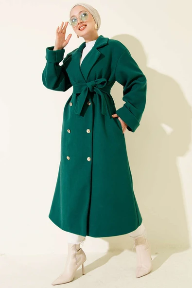 Gold Düğmeli Kruvaze Kaşe Kaban Zümrüt - Resim 2