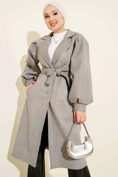 Kruvaze Yaka Balon Kol Kuşaklı Kaşe Kaban Gri - Resim 1