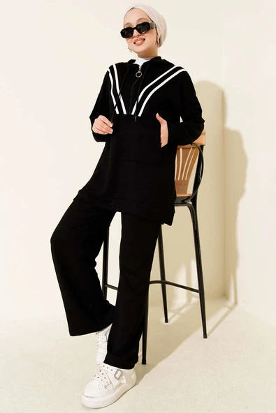 Şeritli Yarım Fermuarlı Loyşa İkili Takım Siyah ürün görseli 1