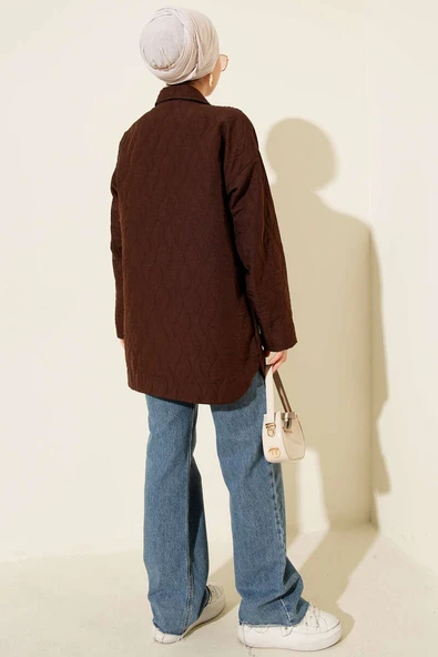 Dalga Desen Kapitone Ceket Kahve - Resim 3