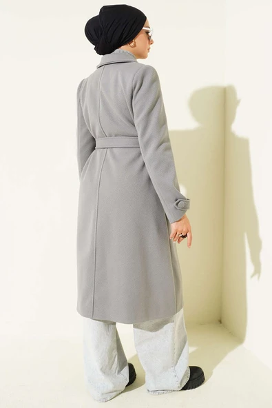 Boydan Düğmeli Kruvaze Yaka Kaşe Kaban Gri - Resim 3