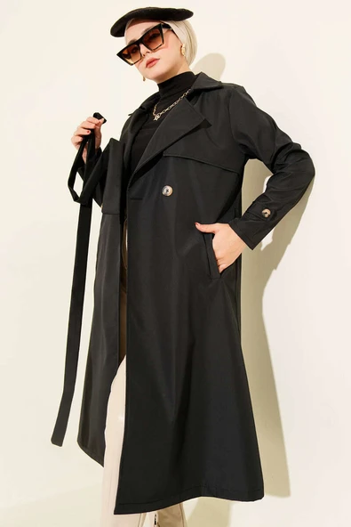 Pelerinli Tek Düğmeli Kuşaklı Trençkot Siyah ürün görseli 1