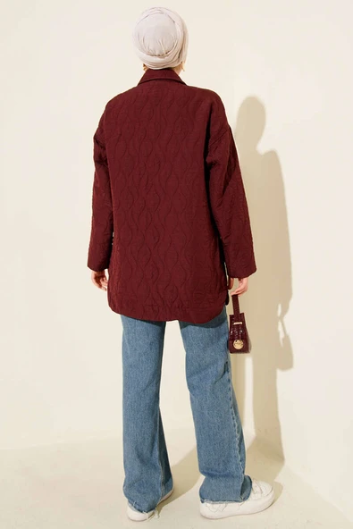 Dalga Desen Kapitone Ceket Bordo - Resim 3