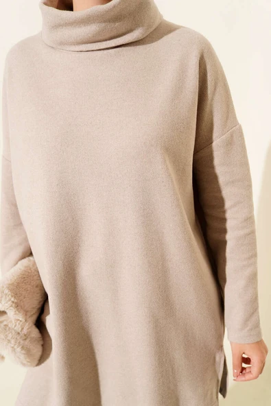 Boğazlı Fitilli Kaşe Tunik Bej - Resim 4