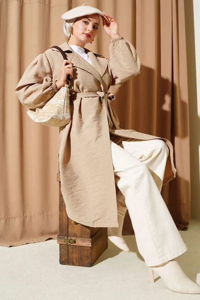 Kruvaze Yaka Balon Kol Kuşaklı Trençkot Bej ürün görseli 1