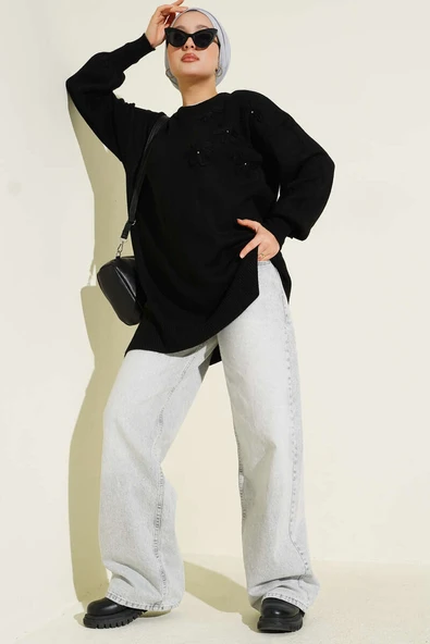 Çiçek Detaylı Yumoş Triko Tunik Siyah - Resim 2