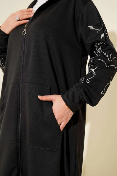 Loyşa Kolları Nakışlı Fermuarlı Hırka Füme - Resim 4