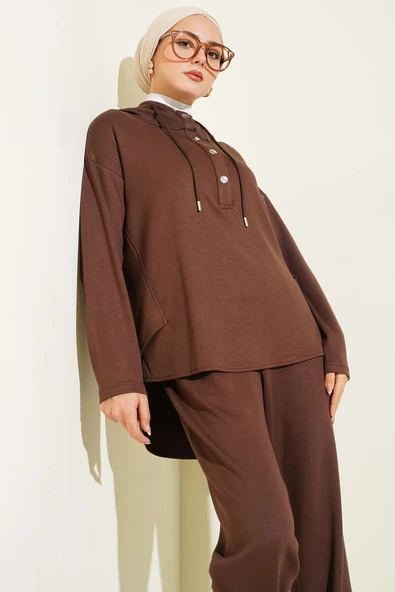 Yaka Çıtçıtlı Kapüşonlu İkili Takım Kahve - Resim 2