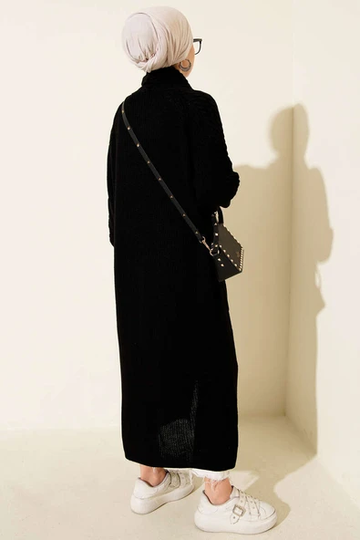 Şal Yaka Örgü Kabartmalı Triko Hırka Siyah - Resim 3