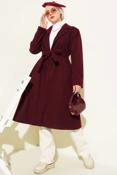 Kruvaze Yaka Cepli Kaşe Kaban Bordo - Resim 2