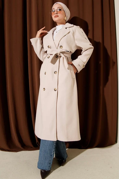 Omuz Apoletli Düğme Detaylı Kaşe Kaban Taş - Resim 2