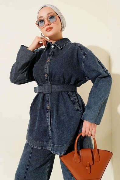 Metal Düğmeli Omuz Apoletli Kot İkili Takım Koyu Mavi - Resim 2