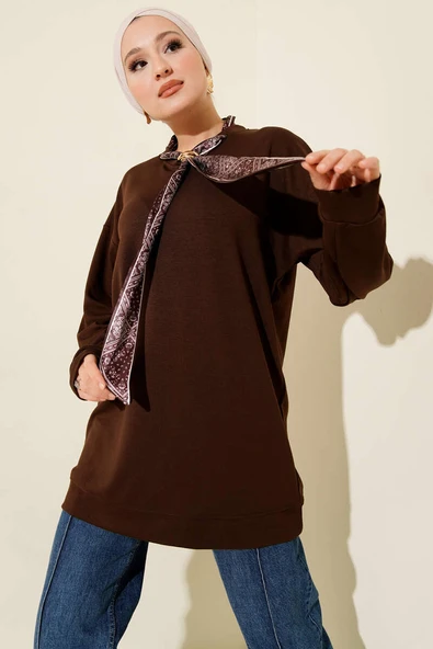 Fular Detaylı Loyşa Tunik Kahve ürün görseli 1