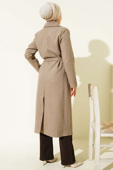 Kruvaze Yaka Kuşaklı Astarlı Kaban Vizon - Resim 3