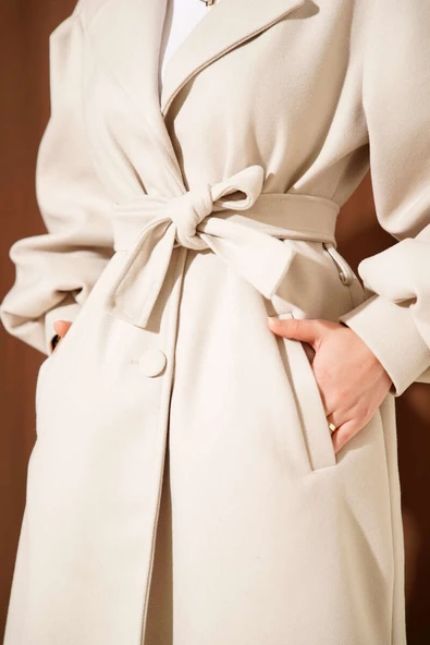 Kruvaze Yaka Balon Kol Kuşaklı Kaşe Kaban Taş - Resim 4