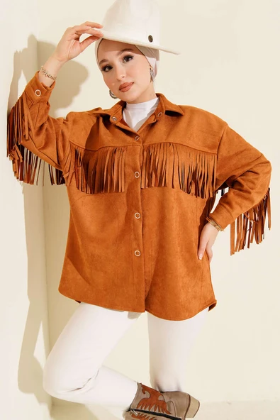 Püsküllü Düğmeli Süet Ceket Taba ürün görseli 1