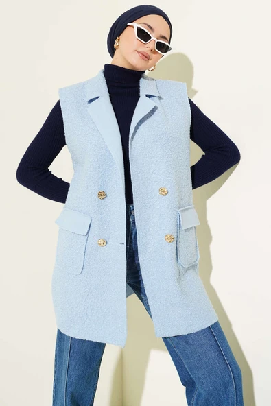 Kruvaze Yaka Düğmeli Detaylı Yelek Bebe Mavi ürün görseli 1