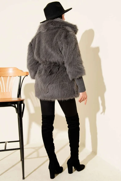 Bilek Ribanalı Kürklü Mont Füme - Resim 3