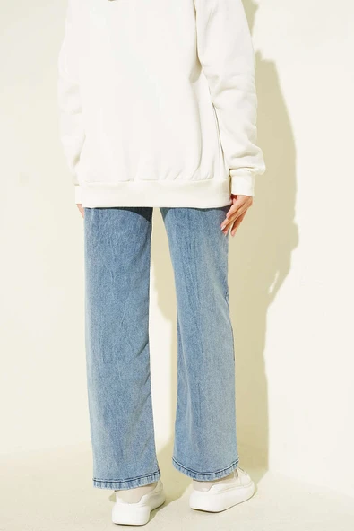 Kuşaklı Geniş Paça Kot Pantolon Açık Kar - Resim 3