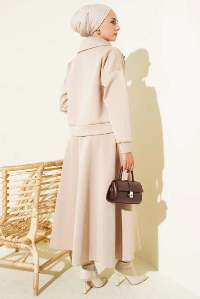 Sıra Taşlı Etekli Scuba İkili Takım Bej - Resim 3