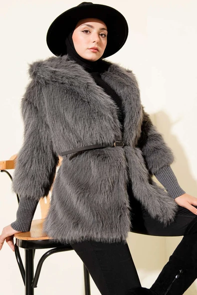 Bilek Ribanalı Kürklü Mont Füme ürün görseli 1