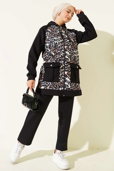 Kapüşonlu Cepli Leoparlı Scuba İkili Takım Siyah ürün görseli 1