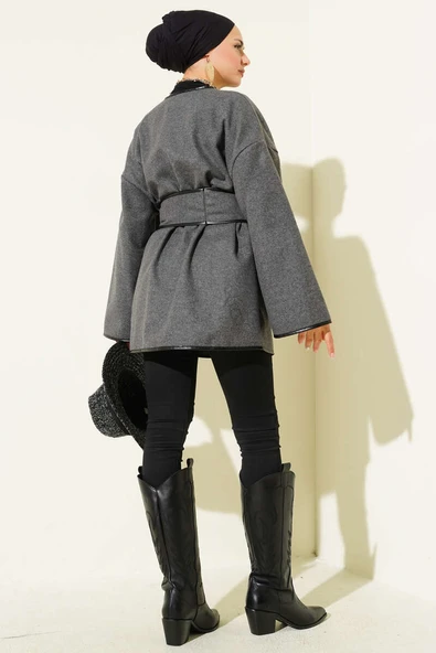 Deri Biyeli Cepli Ceket Füme - Resim 3