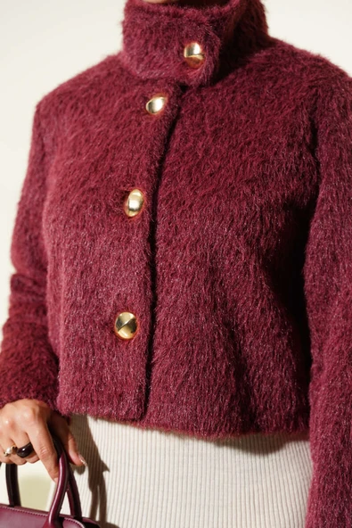 Yarım Balıkçı Yaka Gold Düğmeli Ceket Bordo - Resim 4