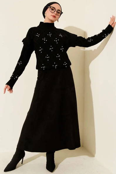 Dik Yaka Taşlı Triko Kazak Siyah - Resim 2