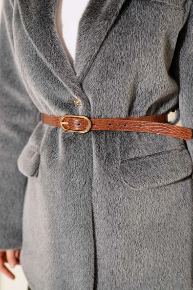 Tek Düğmeli Kemerli Sakallı Ceket Füme - Resim 4