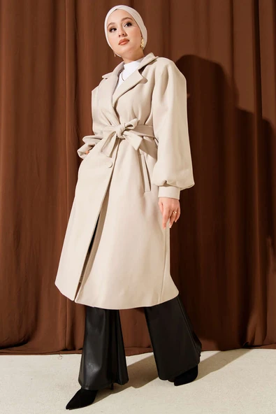 Kruvaze Yaka Balon Kol Kuşaklı Kaşe Kaban Taş - Resim 2