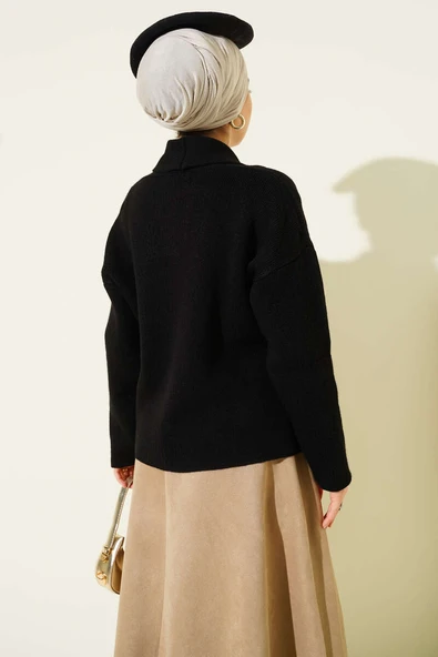 Çift Gold Düğmeli Kısa Triko Hırka Siyah - Resim 3